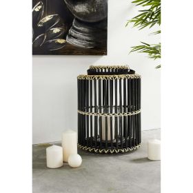 Decmode - 14' x 18' Large Cylindrical Black Rattan Rustic Lantern, Birdcage Shape