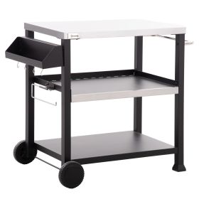 Outsunny Three-Shelf Outdoor Grill Cart with Stainless Steel Tabletop, Side Handle, 32" x 20.5" Multifunctional Pizza Oven Stand, Movable Food Prep Ta