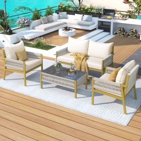 4-Piece Rope Patio Furniture Set, Outdoor Furniture with Tempered Glass Table, Patio Conversation Set Deep Seating with Thick Cushion for Backyard Por (Color: Beige+yellow)