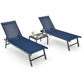 3 Pieces Patio Chaise Lounge Chair and Table Set for Poolside Yard (Color: Navy)