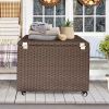 20 Gallon Capacity Outdoor Wicker Deck Box; Rattan Storage Cabinet with Wheels; Brown